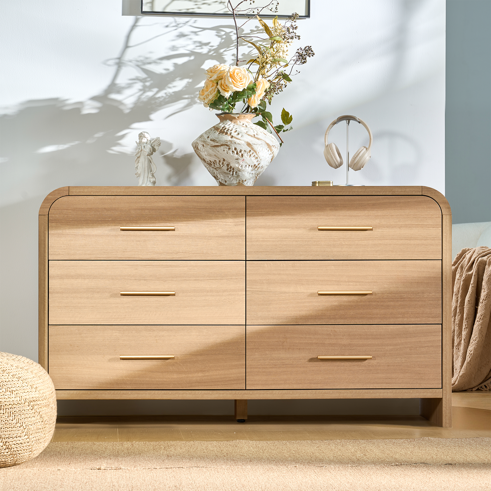 Vintagearth 6 Drawer Dresser for Bedroom, 54" Wide Storage Cabinet with Thick FSC-Certified Wood, Curved Edge Design, Large Capacity, Oak