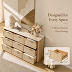 Vintagearth 3 Piece Dresser and Nightstand Set for Bedroom, Rattan 9-Drawer Dresser, 2-Drawer Nightstand Set of 2, Boho Bedroom Furniture Set, Natural Oak