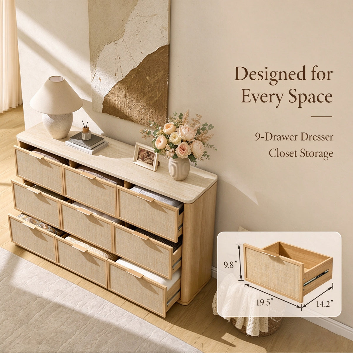 Vintagearth 3 Piece Dresser and Nightstand Set for Bedroom, Rattan 9-Drawer Dresser, 2-Drawer Nightstand Set of 2, Boho Bedroom Furniture Set, Natural Oak