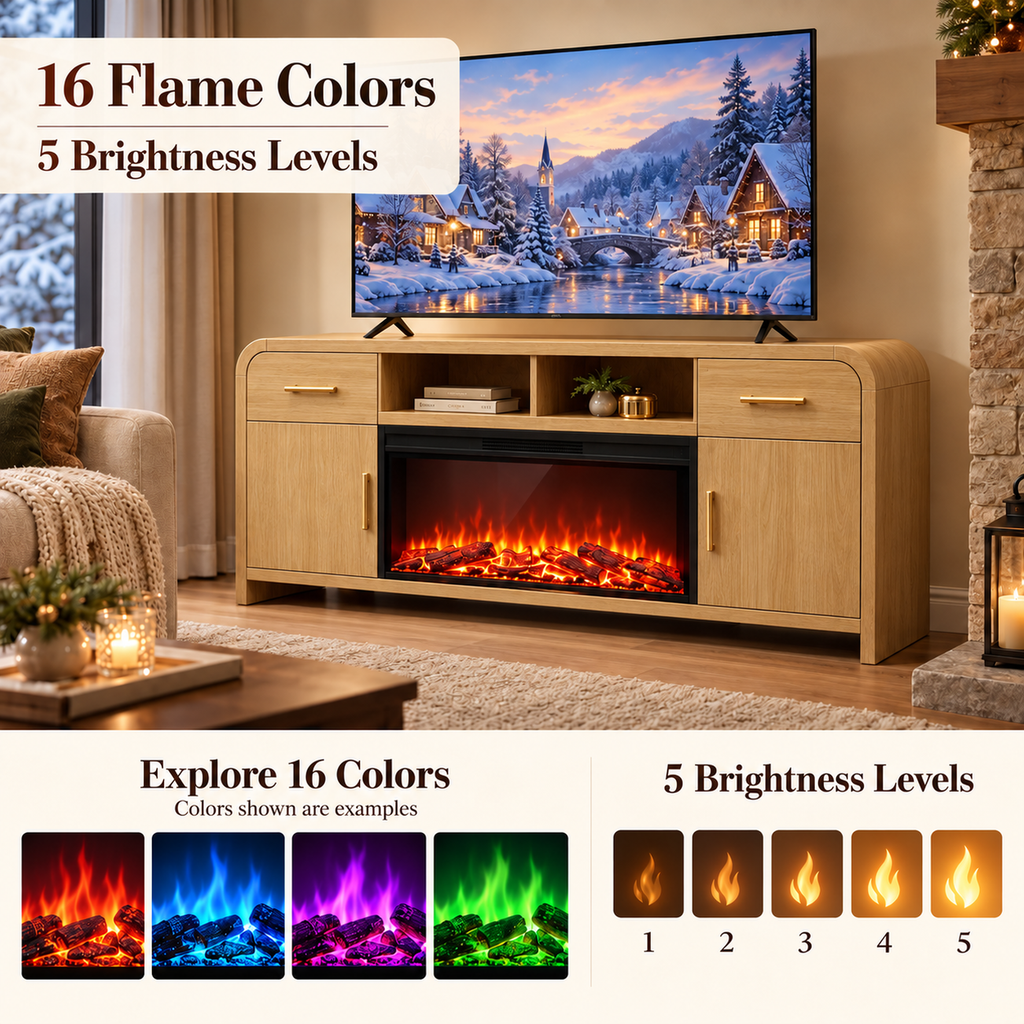 Vintagearth 70.86" Fireplace TV Stand for TVs up to 80", 36" Electric Fireplace Entertainment Center with Storage, Natural Oak