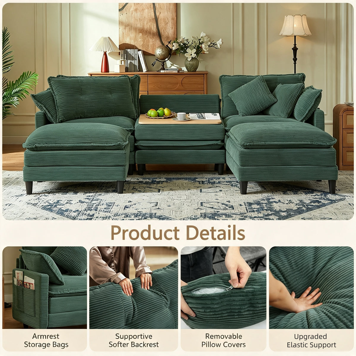 Vintagearth 108'' Modular Sectional Sofa U Shaped Cloud Couch with 2 Ottomans & 4 Pillows, Tool-free Easy Assembly for Living Room Apartment, Green
