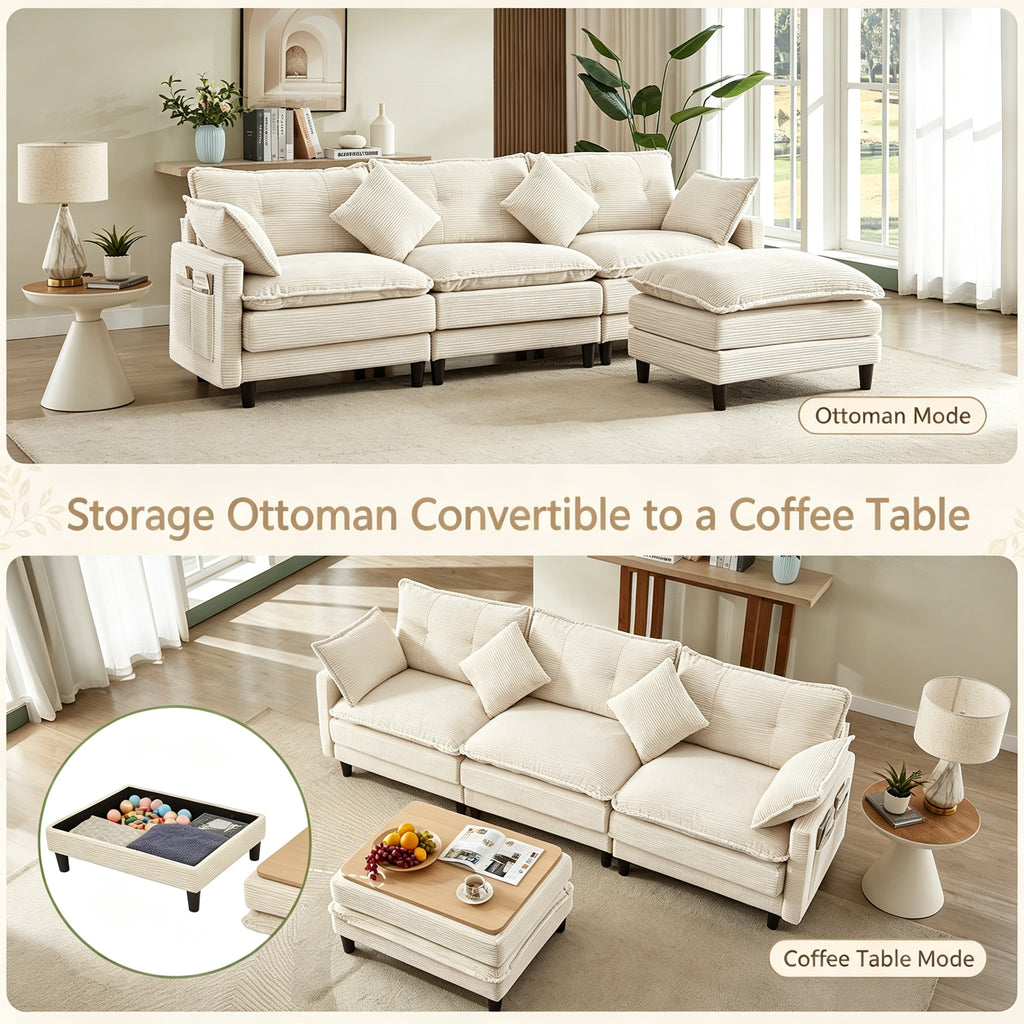 Vintagearth 108'' Sectional Modular Sofa L Shaped Cloud Couch with 1 Ottomans & 4 Pillows Tool-free Easy Assembly for Living Room Apartment, Beige