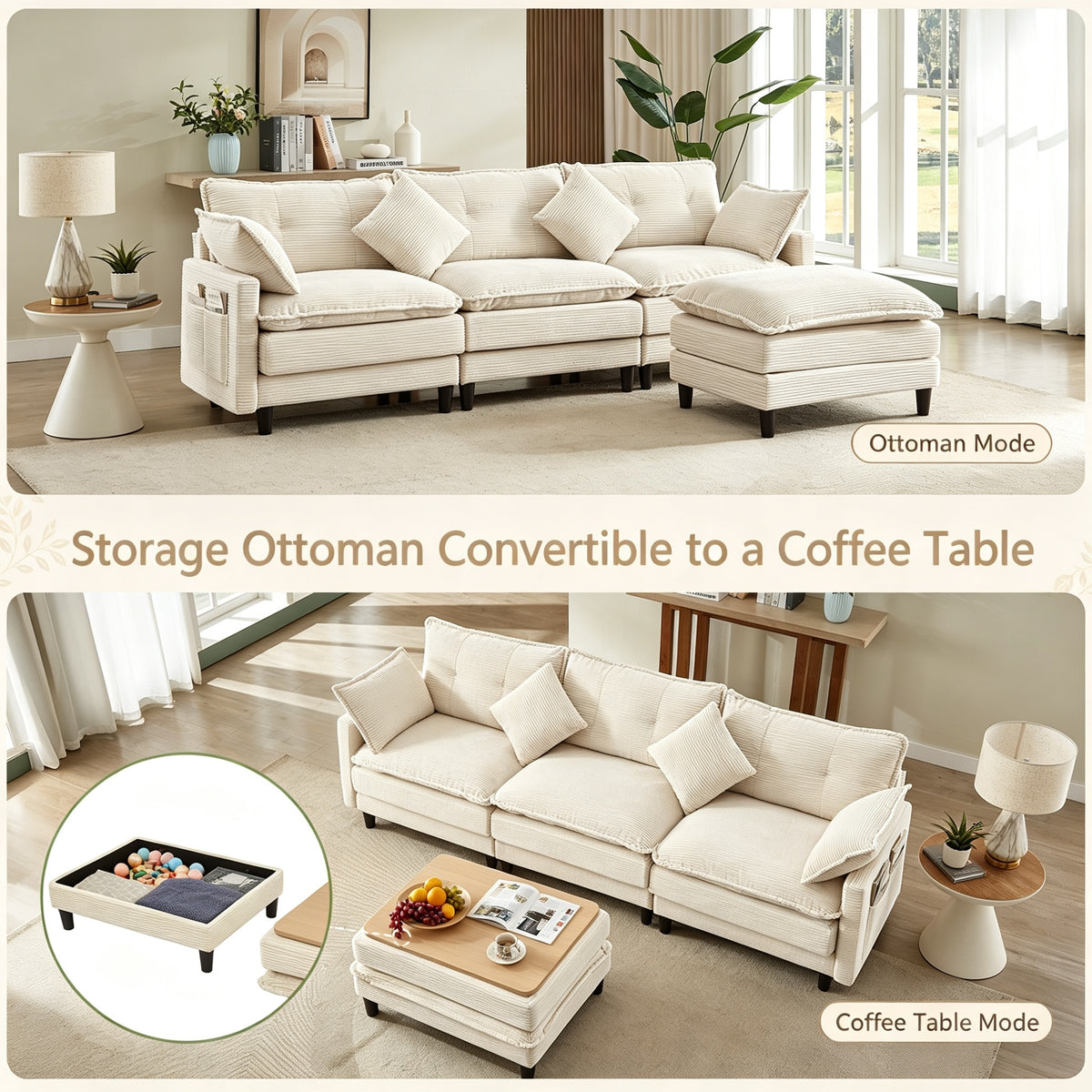 Vintagearth 108'' Sectional Modular Sofa L Shaped Cloud Couch with 1 Ottomans & 4 Pillows Tool-free Easy Assembly for Living Room Apartment, Beige