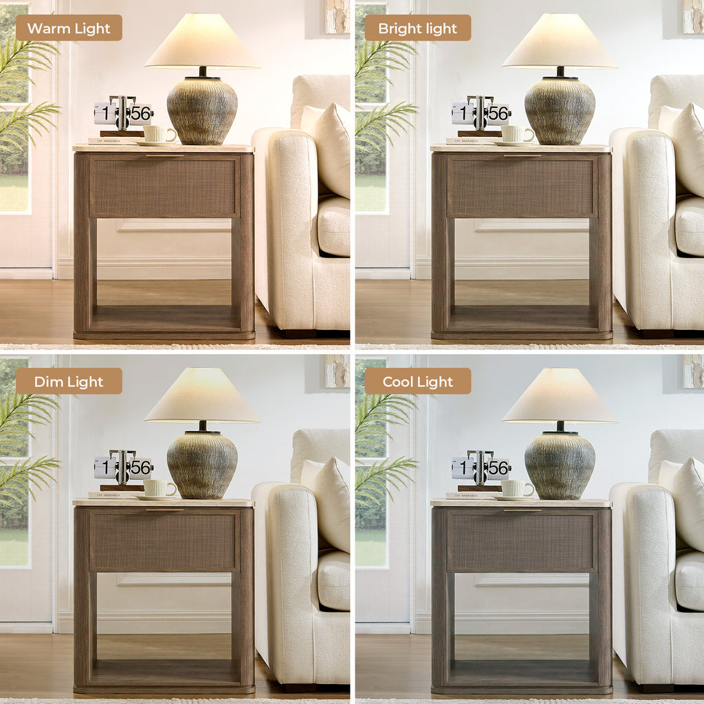 Vintagearth Nightstand 23.11" W Boho Rattan Faux Marble Top Bedside Table, FSC-Certified 1.97" Thick Wood End Table, 1 Drawer & 1 Open Storage Shelf, Dark Oak