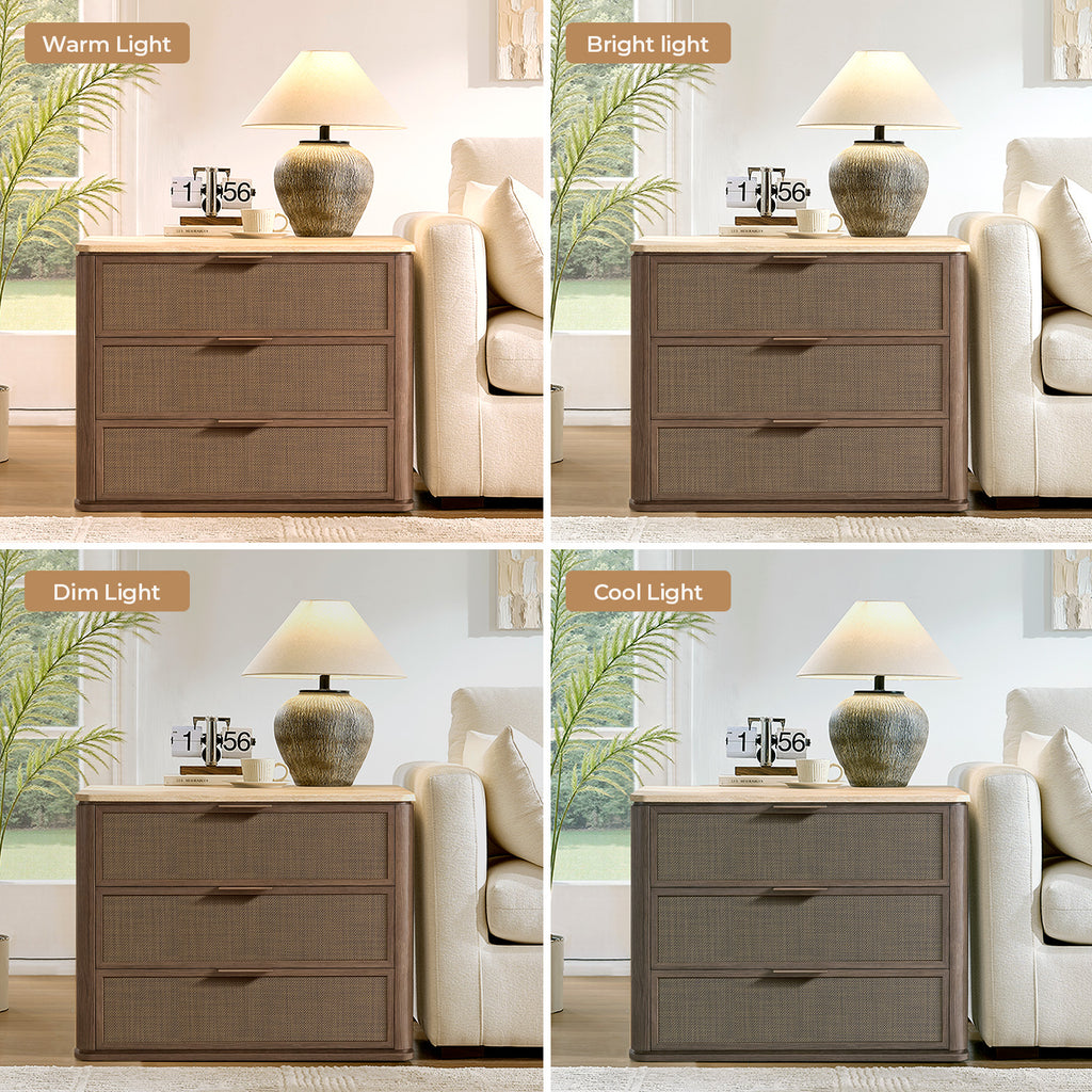 Vintagearth Nightstand 30.71" W Boho Rattan Faux Marble Top Bedside Table, FSC-Certified 1.97" Thick Wood End Table, 3 Drawer Storage, Dark Oak
