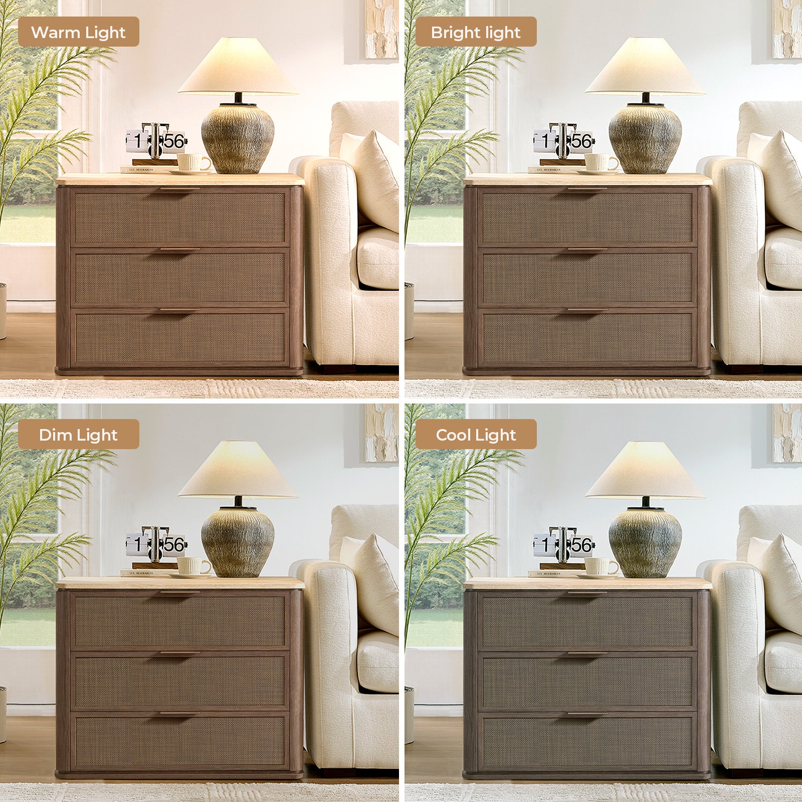 Vintagearth Nightstand 30.71" W Boho Rattan Faux Marble Top Bedside Table, FSC-Certified 1.97" Thick Wood End Table, 3 Drawer Storage, Dark Oak