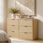 Vintagearth 6 Drawer Dresser for Bedroom, Rattan Fronts Faux Travertine Top, 1.97" Thick Stable Wooden Chest of Drawers, Natural Oak