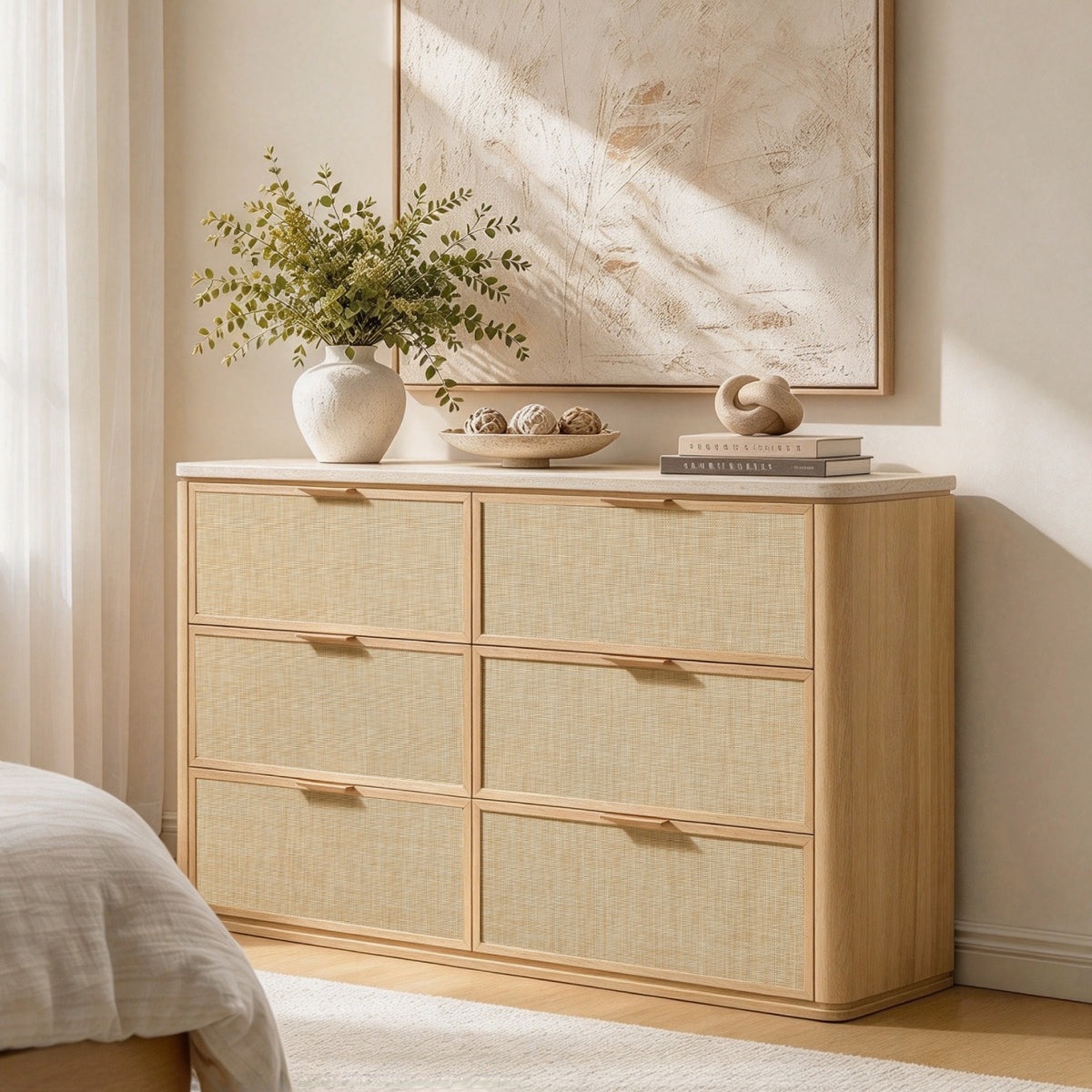 Vintagearth 6 Drawer Dresser for Bedroom, Rattan Fronts Faux Travertine Top, 1.97" Thick Stable Wooden Chest of Drawers, Natural Oak