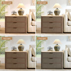 Vintagearth Nightstand Set of 2, 30.71" W Boho Rattan Faux Marble Top Bedside Table, FSC-Certified 1.97" Thick Wood End Table, 3 Drawer Storage, Dark Oak