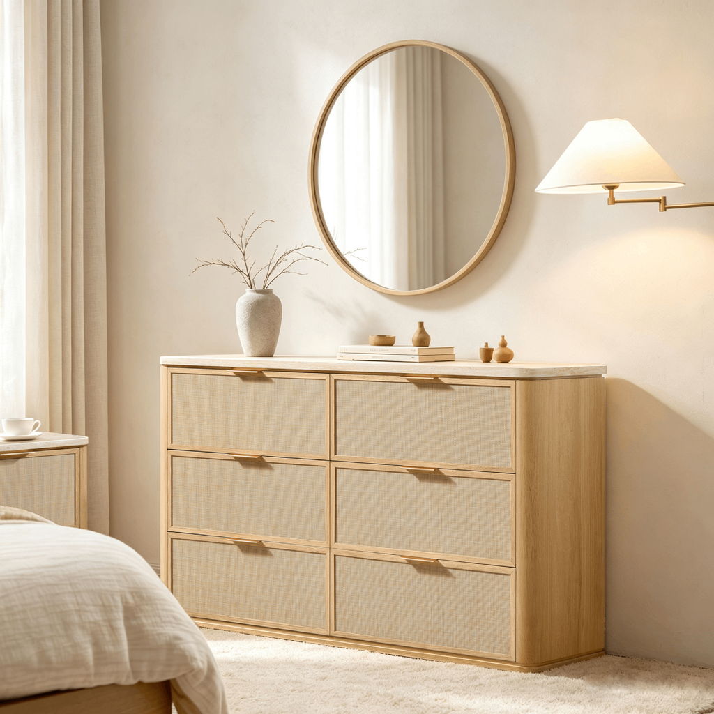 Vintagearth 6 Drawer Dresser for Bedroom, 54.5" Wide Faux Travertine Top & Rattan Fronts Chest of Drawers, Wood Dresser TV Stand for Living Room, Natural Oak