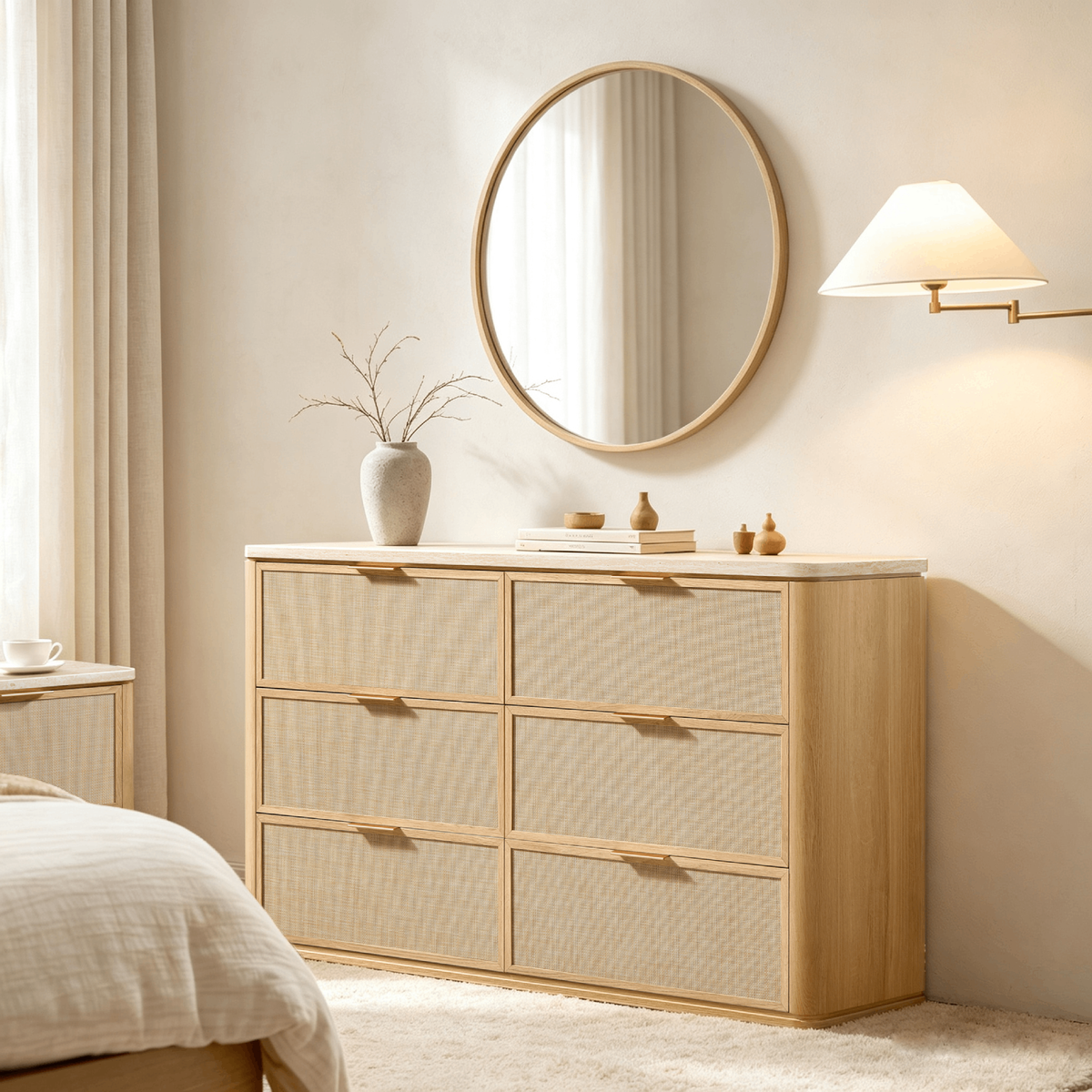 Vintagearth 6 Drawer Dresser for Bedroom, 54.5" Wide Faux Travertine Top & Rattan Fronts Chest of Drawers, Wood Dresser TV Stand for Living Room, Natural Oak