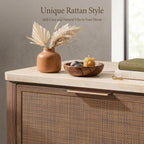 Vintagearth Nightstand Set of 2, 30.73" W Rattan Faux Marble Top Bedside Table, 1.97" Thick Wood End Table, 3 Drawer Storage, Dark Oak