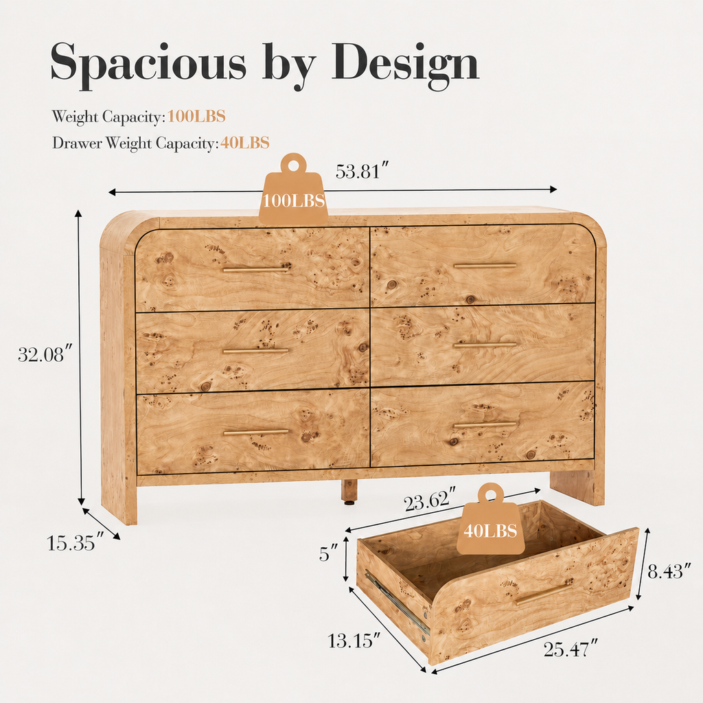 Vintagearth 6 Drawer Dresser for Bedroom, 54" Wide Storage Cabinet with Thick FSC-Certified Wood, Curved Edge Design, Large Capacity, Light Burl