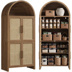 Vintagearth 74.5" Tall Arched Kitchen Pantry Cabinet, FSC‑Certified 1.38" Thick Board Rattan Freestanding Cupboard with 4 Doors for Kitchen, Dining Room, Natural Oak
