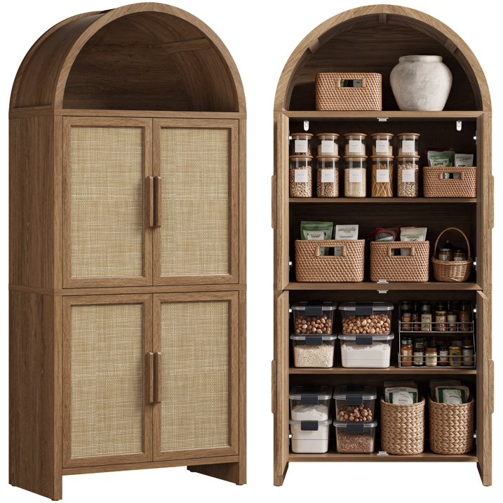 Vintagearth 74.5" Tall Arched Kitchen Pantry Cabinet, FSC‑Certified 1.38" Thick Board Rattan Freestanding Cupboard with 4 Doors for Kitchen, Dining Room, Natural Oak