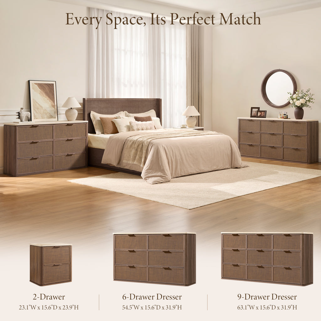 Vintagearth 6 Drawer Dresser for Bedroom, Rattan Fronts Faux Travertine Top 54.5" Wide Chest of Drawers, FSC-Certified Thick Wood, Dark Oak