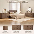 Vintagearth 6 Drawer Dresser for Bedroom, Rattan Fronts Faux Travertine Top 54.5" Wide Chest of Drawers, FSC-Certified Thick Wood, Dark Oak