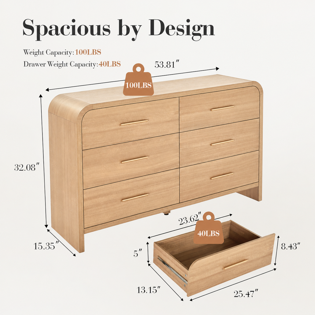 Vintagearth 6 Drawer Dresser for Bedroom, 54" Wide Storage Cabinet with Thick FSC-Certified Wood, Curved Edge Design, Large Capacity, Oak