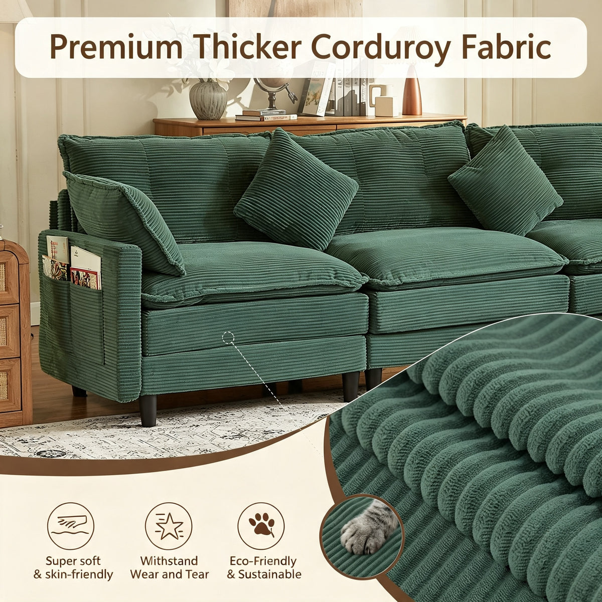 Vintagearth 108'' Sectional Modular Sofa L Shaped Cloud Couch with 1 Ottomans & 4 Pillows Tool-free Easy Assembly for Living Room Apartment, Green