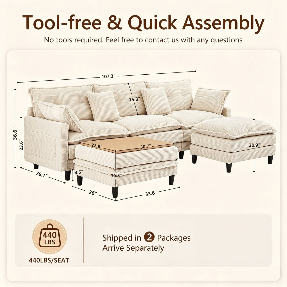 Vintagearth 108'' Modular Sectional Sofa U Shaped Cloud Couch with 2 Ottomans & 4 Pillows, Tool-free Easy Assembly for Living Room Apartment, Beige