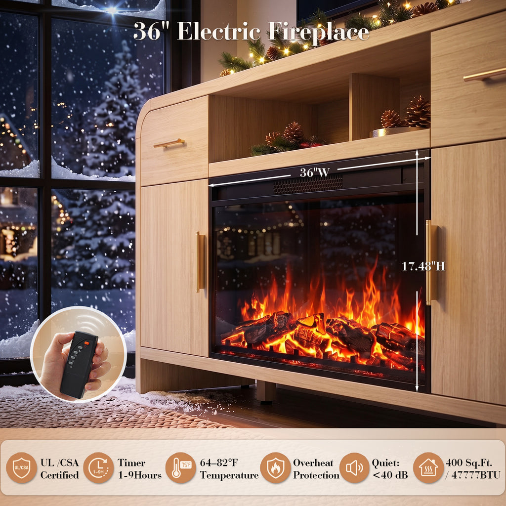Vintagearth 70.86" Fireplace TV Stand for TVs up to 80", 36" Electric Fireplace Entertainment Center with Storage, Oak