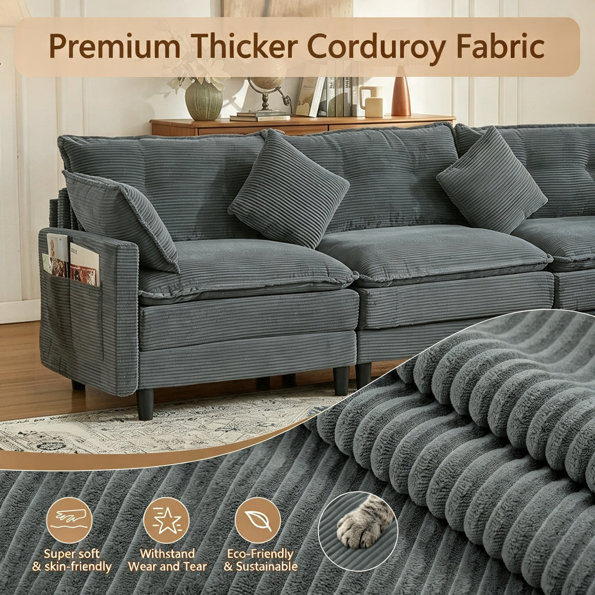Vintagearth 141'' Sectional Modular Sofa U Shaped Cloud Couch with 2 Ottomans & 4 Pillows Tool-free Easy Assembly for Living Room Apartment, Gray