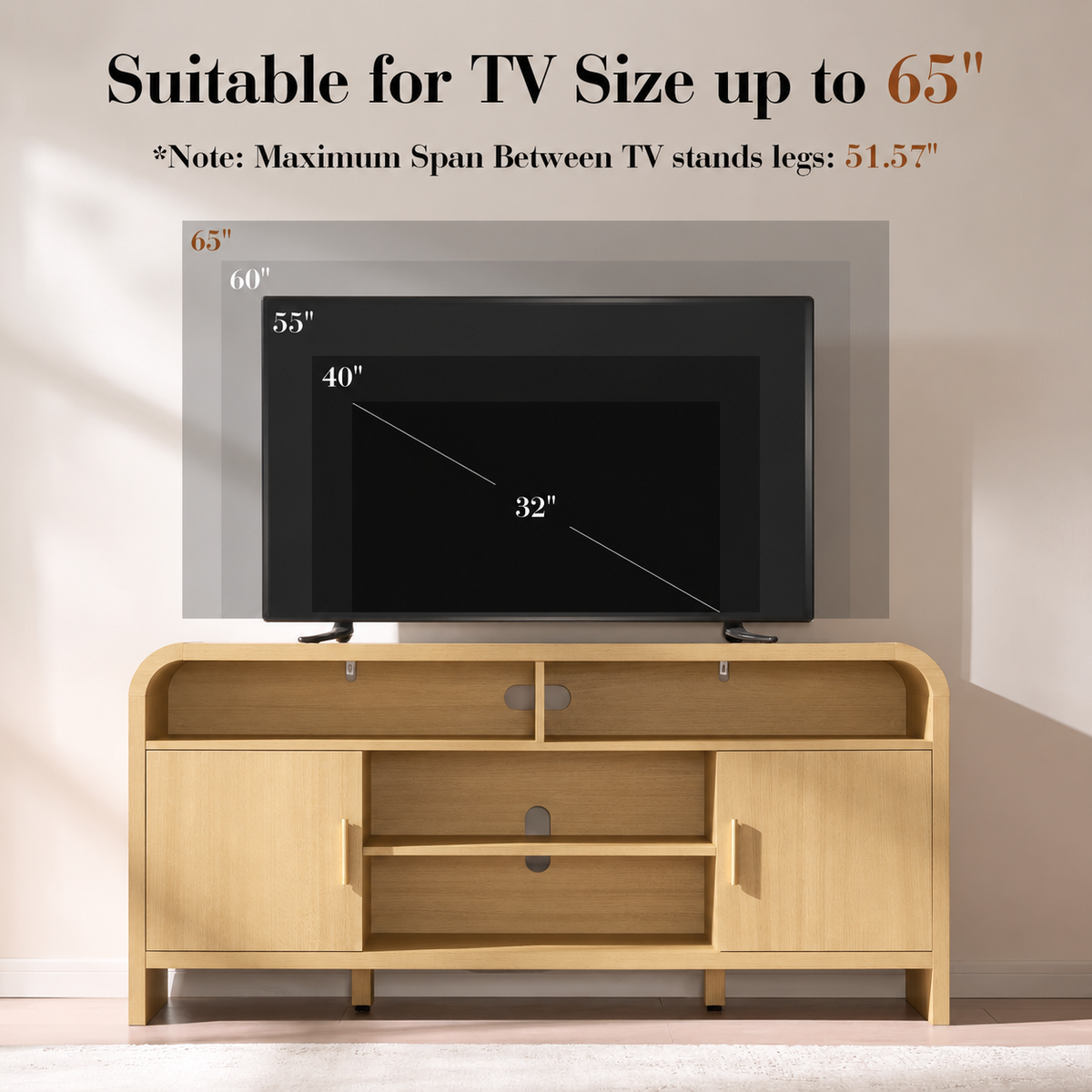 Vintagearth Modern Oak TV Stand for TVs up to 65", Curved Edge Entertainment Center with Storage Cabinets, Open Shelves, 1.22" FSC-Certified Thick Board, Golden Oak