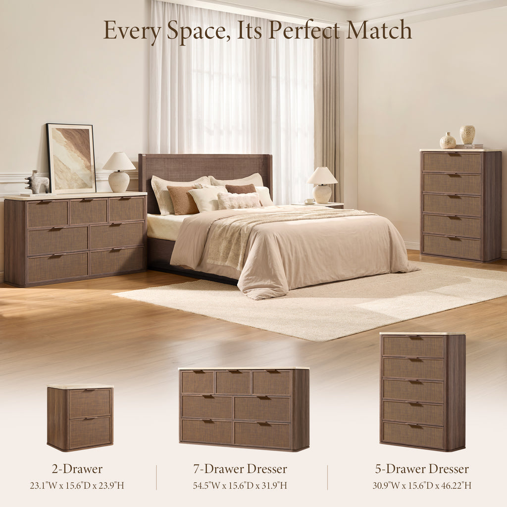 Vintagearth 5 Drawer Dresser for Bedroom, 46.2" Tall Chest of Drawers, 1.9" Thick Wood Rattan Fronts Faux Travertine Top, Dark Oak
