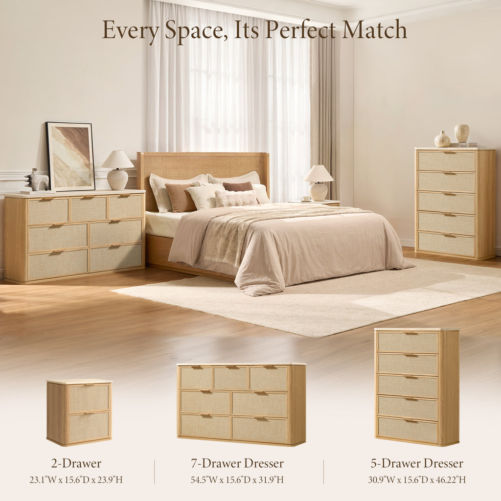 Vintagearth 5 Drawer Dresser for Bedroom, 46.2" Tall Chest of Drawers, 1.9" Thick Wood Rattan Fronts Faux Travertine Top, Natural Oak