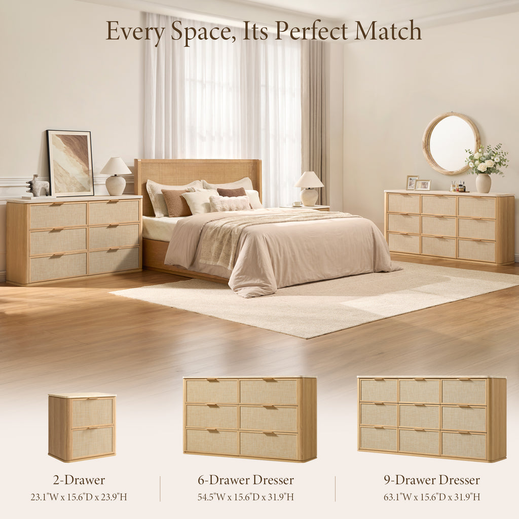 Vintagearth 6 Drawer Dresser for Bedroom, Rattan Fronts Faux Travertine Top 54.5" Wide Chest of Drawers, FSC-Certified Thick Wood, Natural Oak