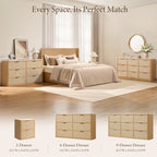 Vintagearth 6 Drawer Dresser for Bedroom, Rattan Fronts Faux Travertine Top 54.5" Wide Chest of Drawers, FSC-Certified Thick Wood, Natural Oak