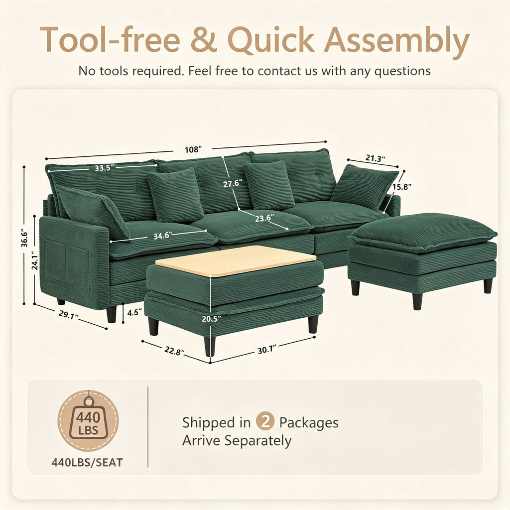 Vintagearth 108'' Modular Sectional Sofa U Shaped Cloud Couch with 2 Ottomans & 4 Pillows, Tool-free Easy Assembly for Living Room Apartment, Green