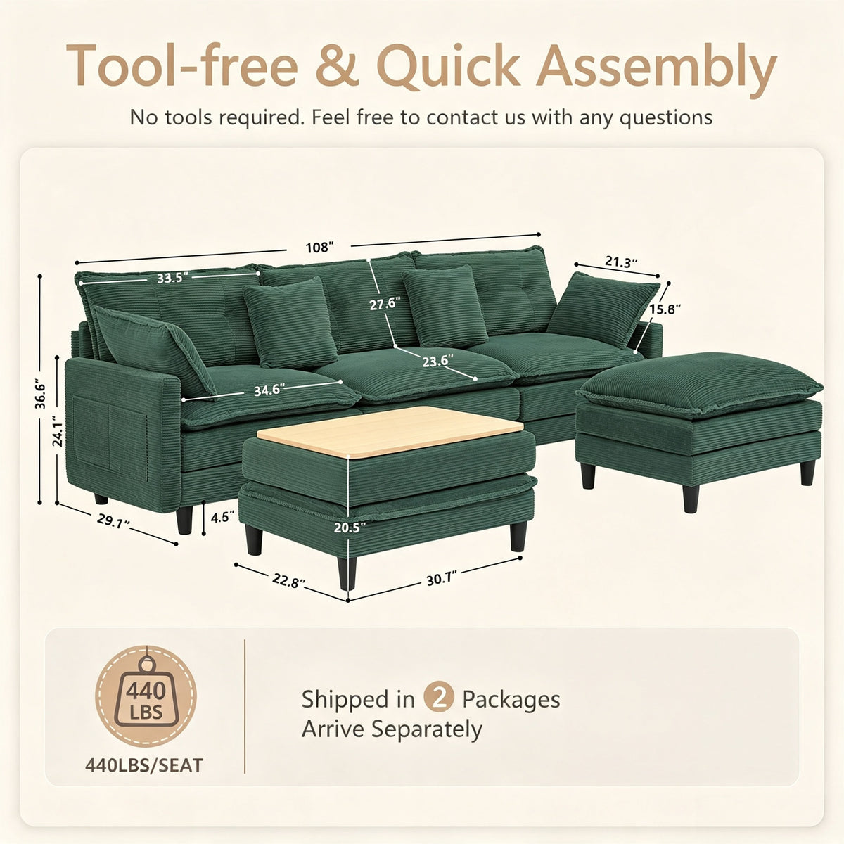 Vintagearth 108'' Modular Sectional Sofa U Shaped Cloud Couch with 2 Ottomans & 4 Pillows, Tool-free Easy Assembly for Living Room Apartment, Green