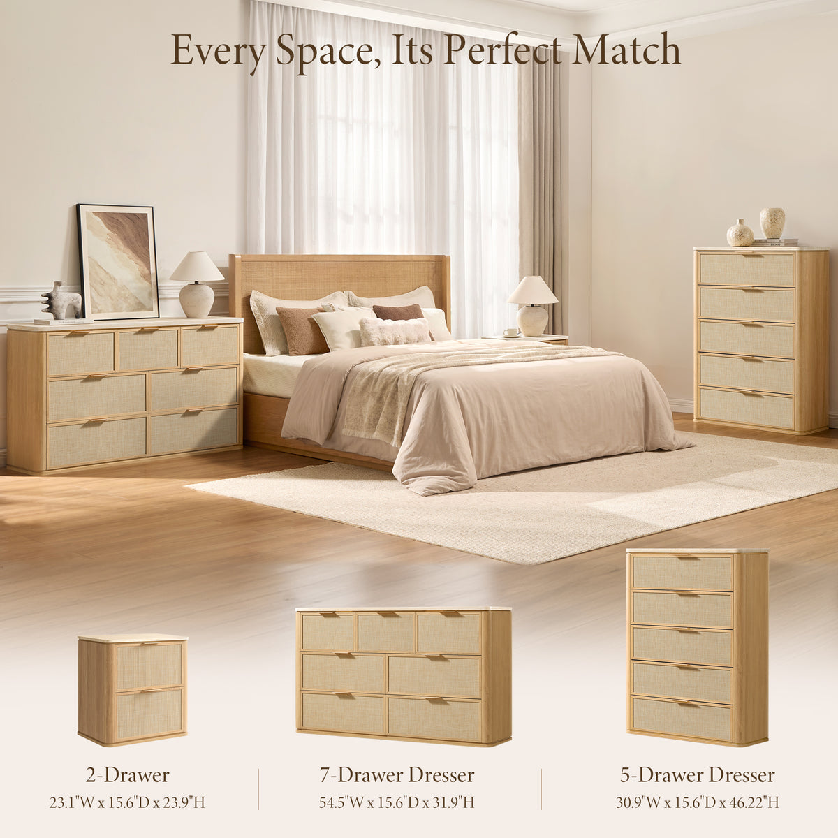 Vintagearth 7 Drawer Dresser for Bedroom, Rattan Fronts Faux Travertine Top, 1.97" Thick Stable Wooden Chest of Drawers, Natural Oak