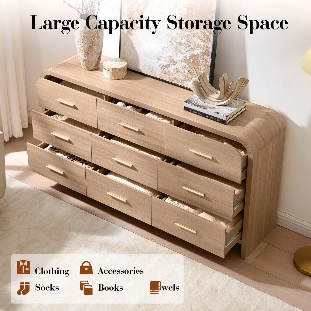 Vintagearth 9 Drawers Dresser for Bedroom, Curved FSC-certified Wood 1.18" Thick Board Dressers & Chests of Drawers for Living Room, Hallway, Entryway, Oak