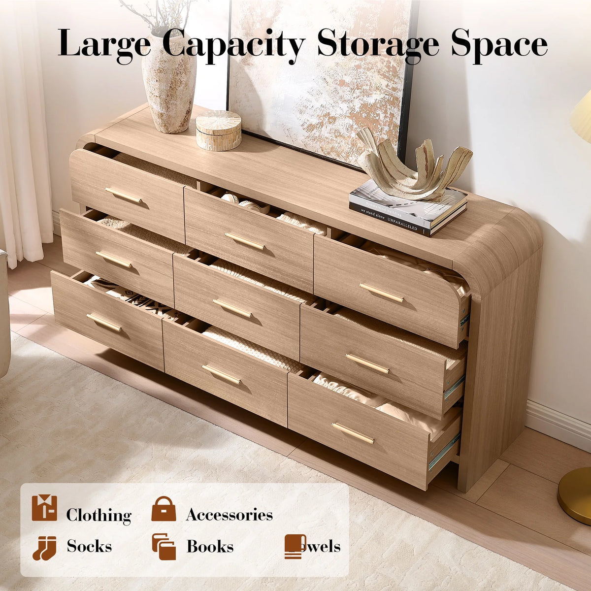 Vintagearth 9 Drawers Dresser for Bedroom, Curved FSC-certified Wood 1.18" Thick Board Dressers & Chests of Drawers for Living Room, Hallway, Entryway, Oak