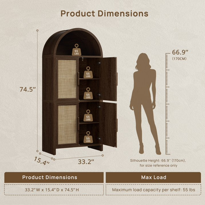 Vintagearth 74.5" Tall Arched Kitchen Pantry Cabinet, FSC‑Certified 1.38" Thick Board Rattan Freestanding Cupboard with 4 Doors for Kitchen, Dining Room, Dark Oak