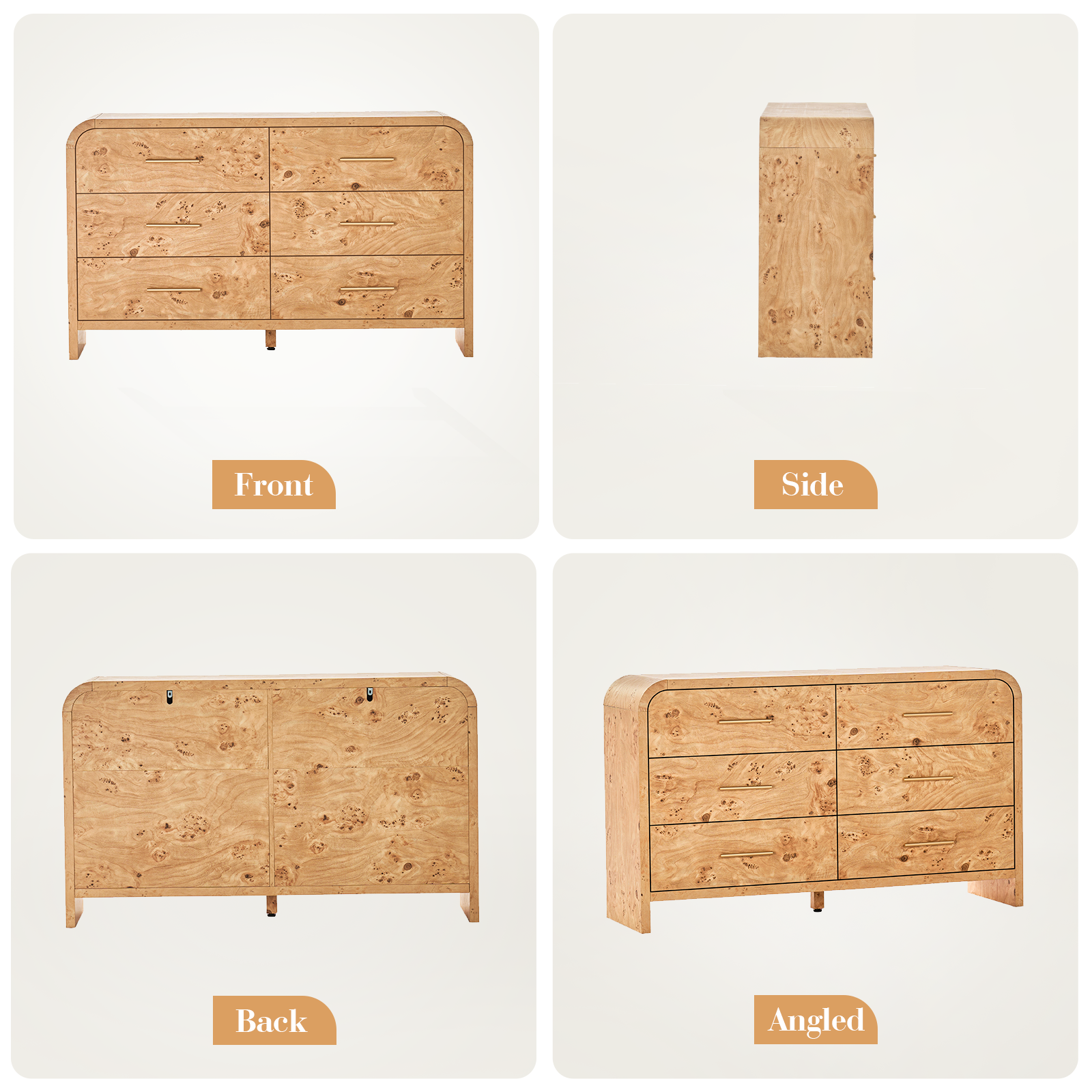 Vintagearth 6 Drawer Dresser for Bedroom, 54" Wide Storage Cabinet with Thick FSC-Certified Wood, Curved Edge Design, Large Capacity, Light Burl