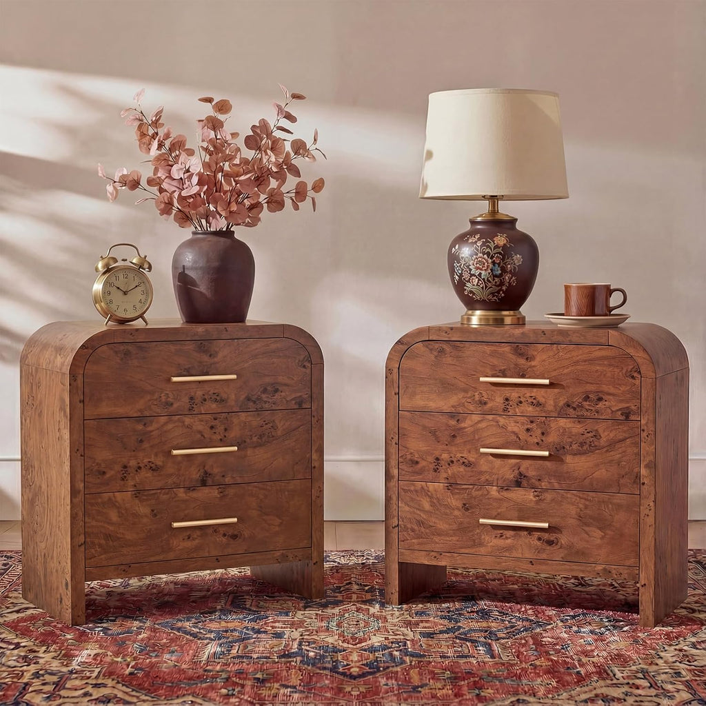 Vintagearth Nightstand Set of 2, 26.7" Tall Modern Curved Bedside Table, FSC-Certified Wood End Table, 3 Drawer Storage, Dark Burl