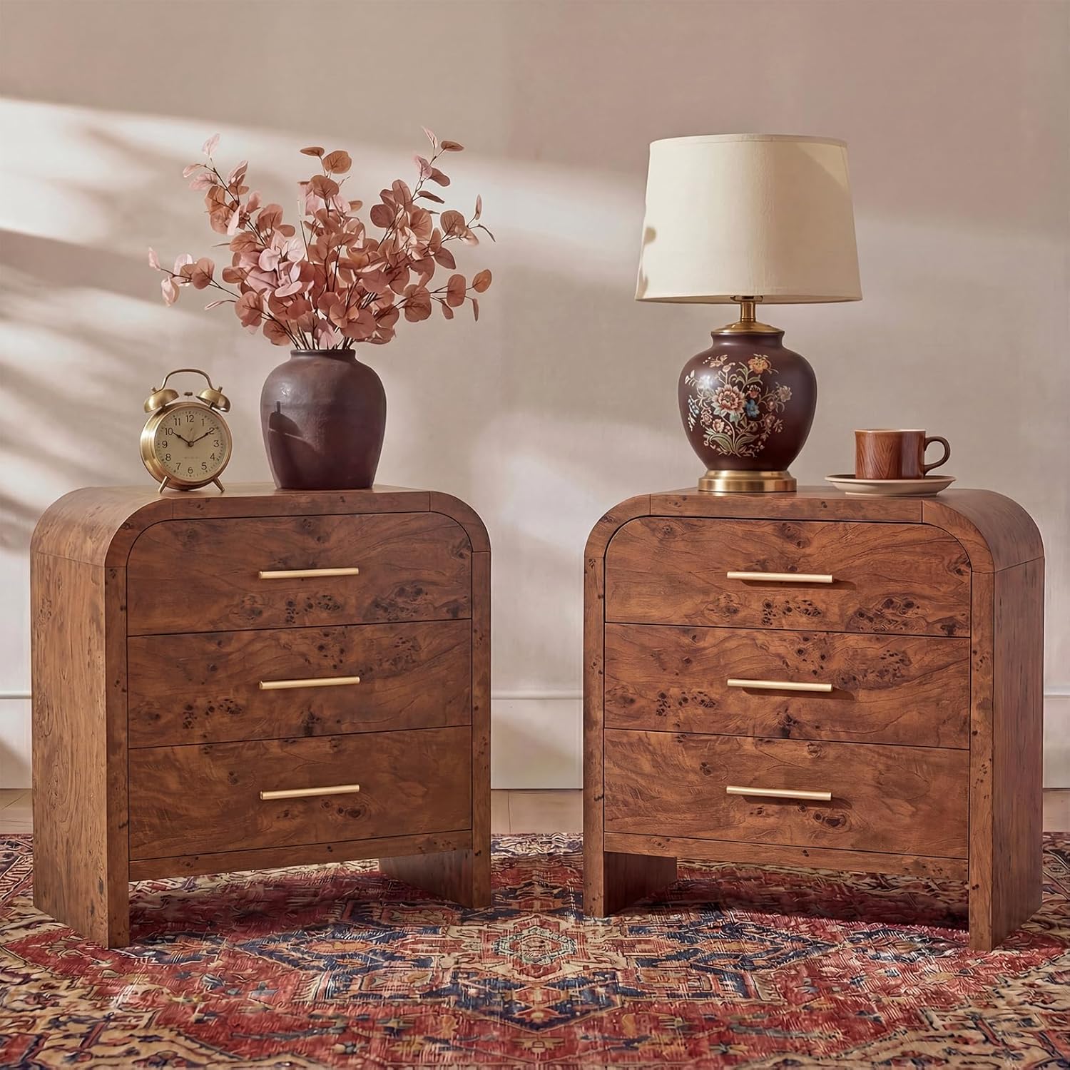 Vintagearth Nightstand Set of 2, 26.7" Tall Modern Curved Bedside Table, FSC-Certified Wood End Table, 3 Drawer Storage, Dark Burl
