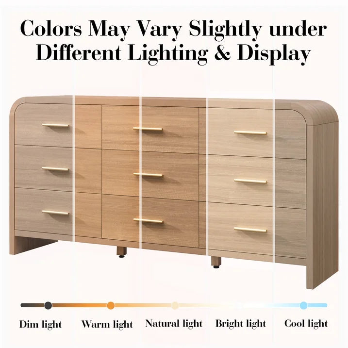 Vintagearth 9 Drawers Dresser for Bedroom, Curved FSC-certified Wood 1.18" Thick Board Dressers & Chests of Drawers for Living Room, Hallway, Entryway, Oak