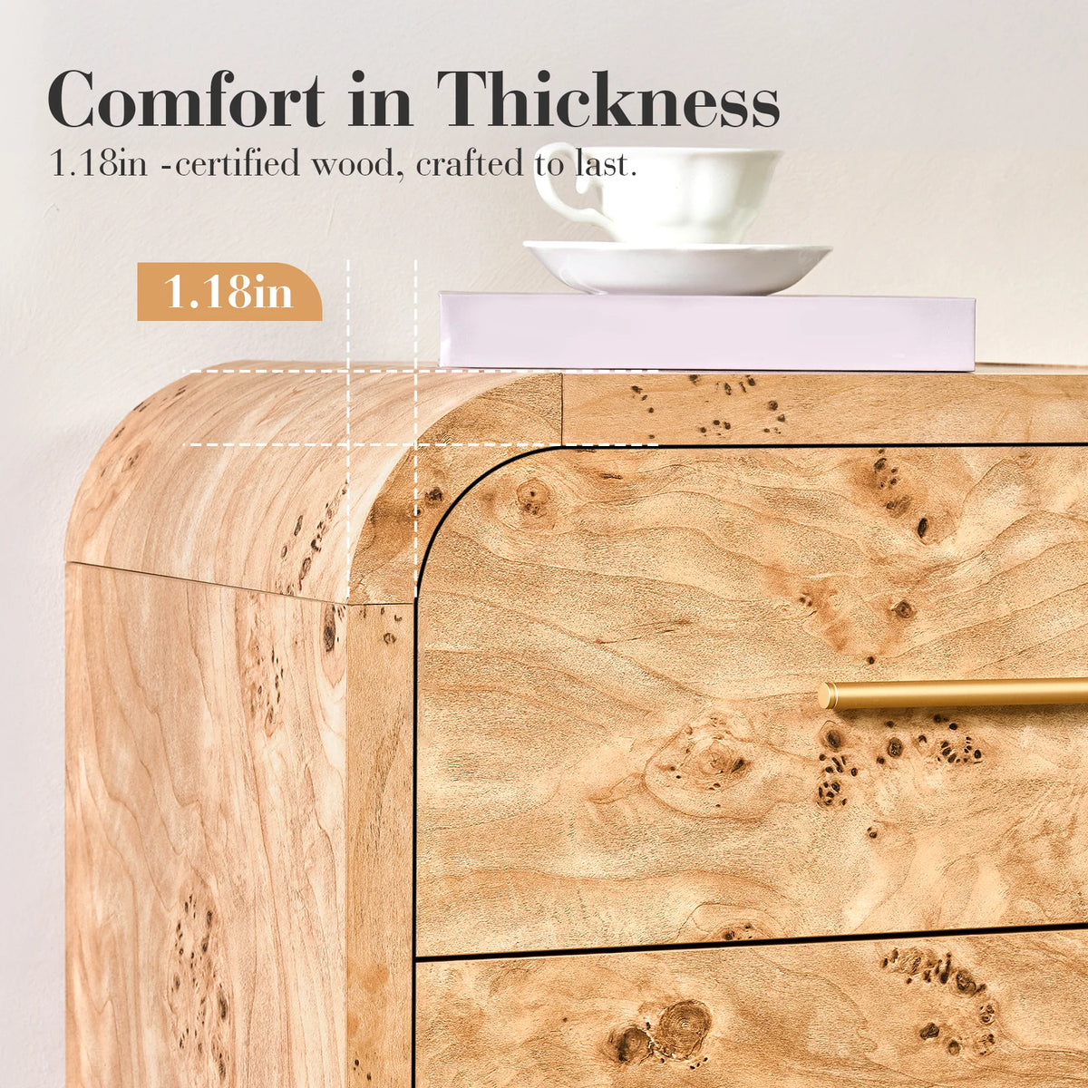 Vintagearth 6 Drawer Dresser for Bedroom, Curved 1.18" Thick FSC Certified Wood, Light Bur