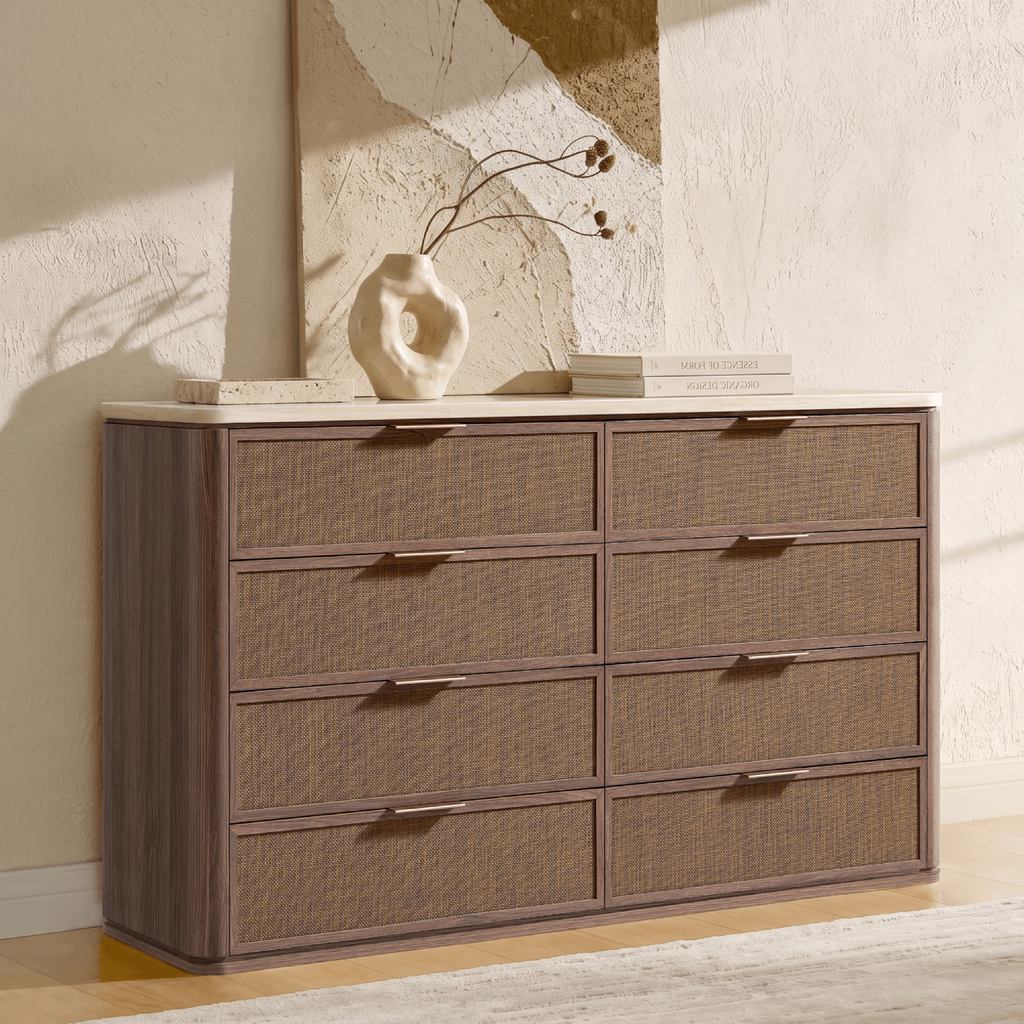 Vintagearth 8 Drawer Dresser for Bedroom, 54.5" Wide Faux Travertine Top & Rattan Fronts Chest of Drawers, Wood Dresser TV Stand for Living Room, Dark Oak