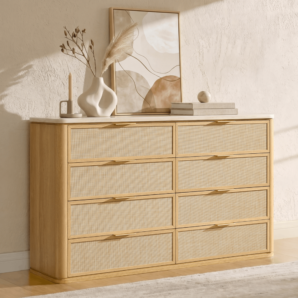 Vintagearth 8 Drawer Dresser for Bedroom, Rattan Fronts Faux Travertine Top 54.5" Wide Chest of Drawers, FSC-Certified Thick Wood, Natural Oak