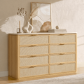 Vintagearth 8 Drawer Dresser for Bedroom, Rattan Fronts Faux Travertine Top 54.5" Wide Chest of Drawers, FSC-Certified Thick Wood, Natural Oak