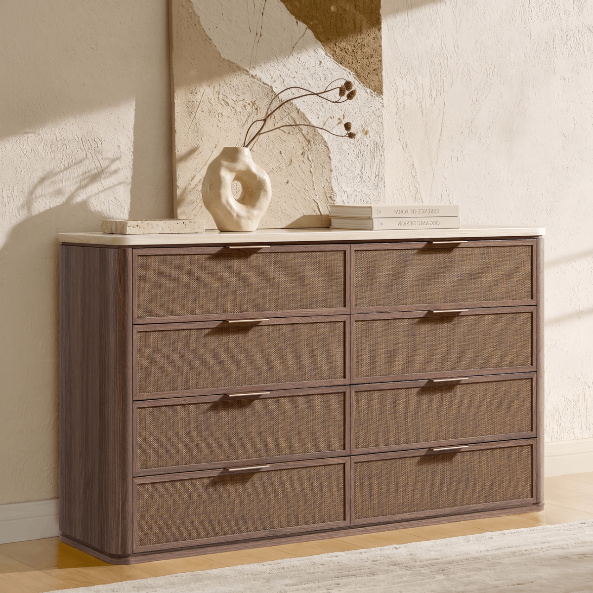 Vintagearth 8 Drawer Dresser for Bedroom, Rattan Fronts Faux Travertine Top 54.5" Wide Chest of Drawers, FSC-Certified Thick Wood, Dark Oak