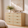 Vintagearth 8 Drawer Dresser for Bedroom, Rattan Fronts Faux Travertine Top, 1.97" Thick Stable Wooden Chest of Drawers, Natural Oak