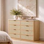 Vintagearth 8 Drawer Dresser for Bedroom, Rattan Fronts Faux Travertine Top, 1.97" Thick Stable Wooden Chest of Drawers, Natural Oak