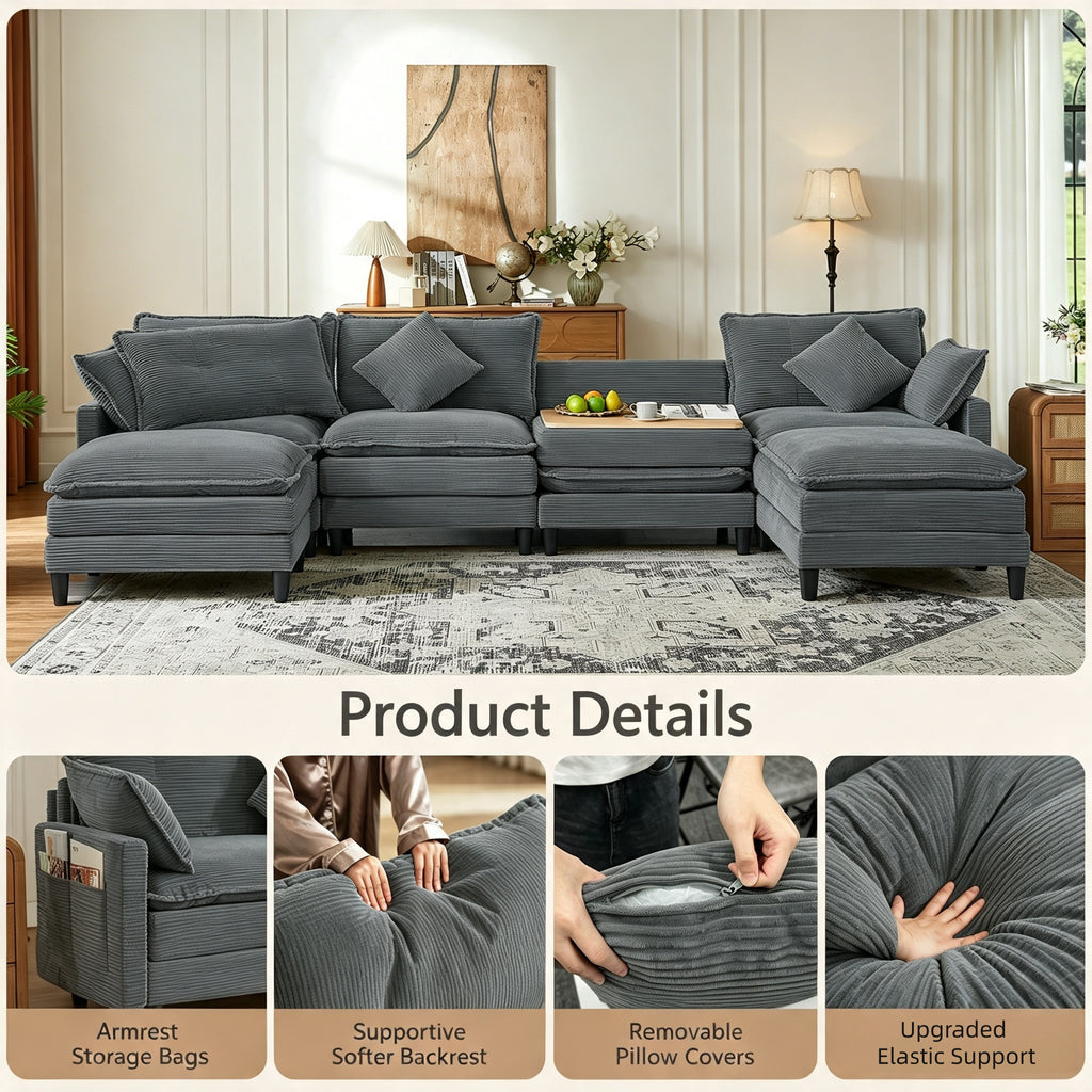 Vintagearth 141'' Sectional Modular Sofa U Shaped Cloud Couch with 2 Ottomans & 4 Pillows Tool-free Easy Assembly for Living Room Apartment, Gray