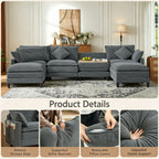 Vintagearth 141'' Sectional Modular Sofa U Shaped Cloud Couch with 2 Ottomans & 4 Pillows Tool-free Easy Assembly for Living Room Apartment, Gray